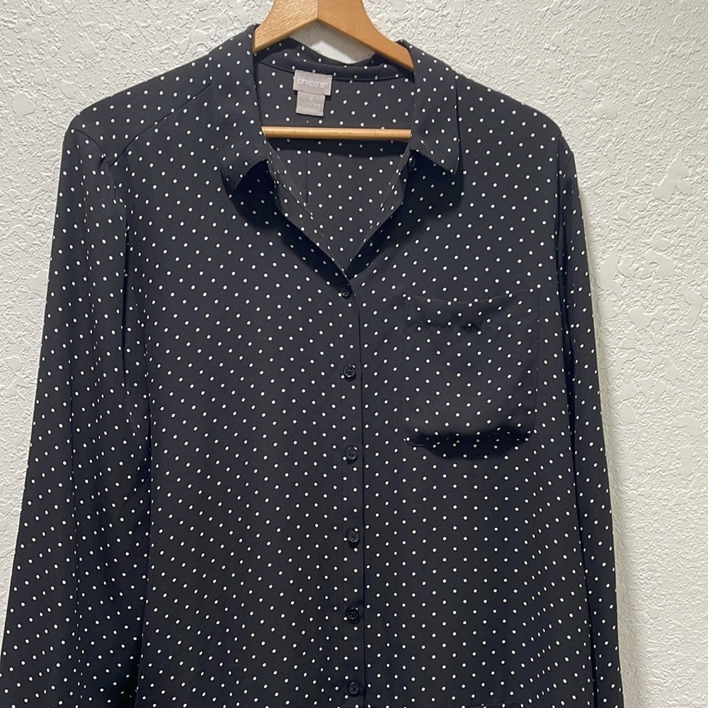Chico's womens black with dots long sleeve blouse size 3 GUC - Picture 2 of 13